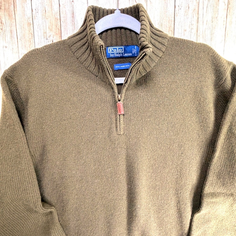Polo By Ralph Lauren Men's XXL 100% Lambswool Quarter Zip Sweater Olive Green